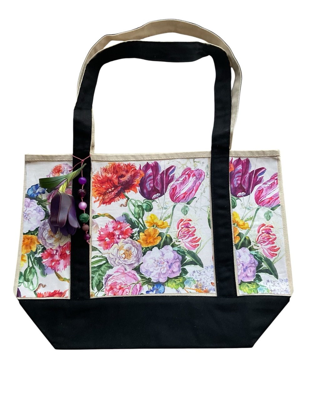 Floral Canvas Tote Bag with Black Trim - Unbranded handmade